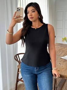 SHEIN Elenzya Camisa de tirantes casual/de trabajo con volantes en el bajo, parches de encaje y detalle de lazo para mujer talla grande, para primavera/verano - Negro - Ver 4