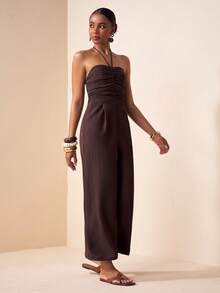 Zivah 2026春夏新款音乐节、复活节、圣帕特里克节、情人节、约会、西部风、游牧风、生日派对、毕业典礼、大学、学生、日常穿着、百搭基础款、休闲、度假、邮轮旅行、海滩、日光浴、热门款、街头风、婚礼宾客波西米亚风、通勤、早午餐、机场、派对、假日郊游、办公穿着、露背系带连体裤（带侧袋）、踝部系带棕色亚麻连体裤 - 棕色 - 查看 6