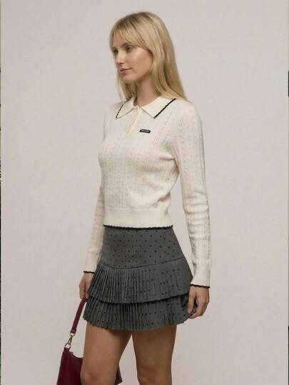 Muvela Spring/Summer New White Crochet Wavy Petal Contrast Color Edge Design Half-Placket Single-Breasted Collar Letter Decor Women Knit Sweater Top, Retro College Y2K Chic Casual Office Summer Holiday Beach Party Date Graduation Back To School Versatile Fashion