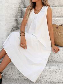 Silhoulove Women's Solid Color Casual Loose Sleeveless Dress, Suitable For Vacation - White - View 5