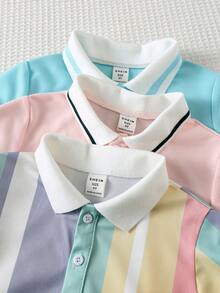 SHEIN 3件套男童休闲运动学院风彩色条纹印花图案Polo衫，适合儿童，返校季，日常穿着，学校，户外活动，春夏两季，夏季适用，复活节男童礼物 - 彩色 - 查看 3