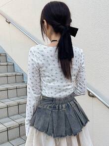 FRIFUL Women's Ditsy Floral Contrast Lace Front Tie Long Sleeve Casual T-Shirt - White - View 4