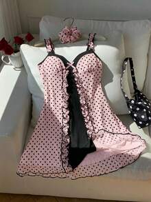 Comfortcana 女士优雅撞色粉色波点印花吊带迷你连衣裙，夏季 - 粉色 - 查看 3