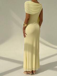 Aloruh 女士纯色荷叶边系带设计优雅束腰连衣裙，适合派对穿着 - 淡黃色 - 查看 3