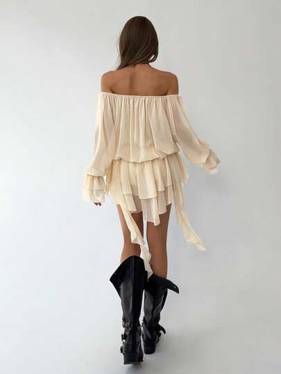 Aloruh Damen Aprikot elegantes romantisches modisches Urlaubs-Check-in Party Off-Shoulder Kleid mit Puffärmeln, Mesh-Lagen und Schleife, Frühling/Sommer