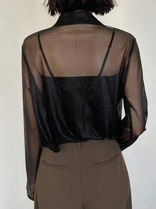 FRIFUL Women's Loose Sheer Mesh Polo Collar Blouse, Lightweight Summer Top - Black - View 4