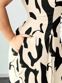 Elenzga Bộ jumpsuit nữ cỡ lớn thanh lịch in hoa, dây đeo có thể điều chỉnh, eo thắt, kiểu dáng thời trang cho đầu xuân. - Màu be - Xem 4