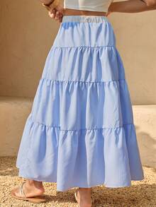 Tween Girls' Vacation Style Casual Loose Flared Multi-Layer Patchwork Blue Striped Skirt - Blue - View 2