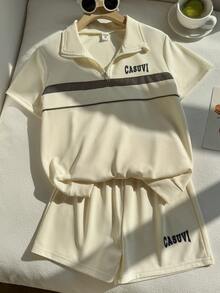 SHEIN Explorewe 2 peças/Conjunto Roupa Polo para Meninas, Top Polo Bege com Fita Refletiva e Decoração com Estampa de Letra + Shorts Esportivos Soltos, Conjunto Esportivo Casual para Uso Diário - Damasco - Visão 6