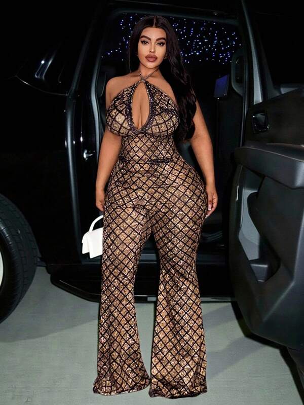 Veslaya 2025 Spring, Summer, Autumn, Winter New Music Festival, Easter, Western, Nomadic Style, Birthday Party, Casual, Leisure, Cruise Travel, Beach, Sunbathing, Viral Sensation High Elasticity Sexy Party Knitted Jumpsuit, Animal Print (Leopard, Tiger), Long Flare Pants, Plus Size Jumpsuit With Gloves