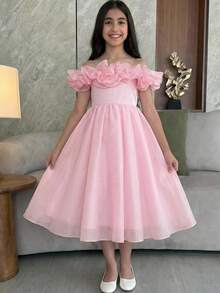 SHEIN Tween Girl Elegant One-Shoulder Ruffle Hem Peplum Dress - Black - View 3