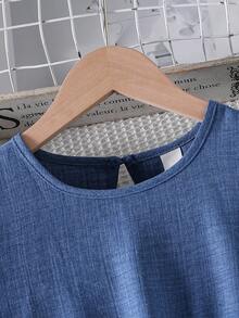 SHEIN 1pc Tween Girl Casual Woven Bamboo Linen Blend Round Neck Cap Sleeve Laser Cutout Hem Fitted Blue Dress, Elegant & For Daily Wear, Commute, Party - Blue - View 6