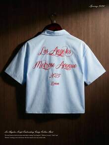 TOKVUE 男士休闲日常通勤时尚街头字母数字印花短袖衬衫，夏季 - 藍色 - 查看 1