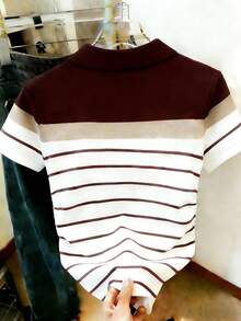 Resyla Women's Striped Print Polo Shirt, Short Sleeve T-Shirt - Multicolor - View 2