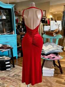 Franclia Sexy Backless Spaghetti Strap Waist Cinched Fitted Casual Party Dress For Women - Red - View 4