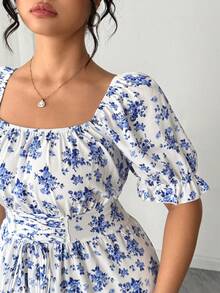 Elenzga 大码女式方领泡泡袖系腰喇叭下摆印花连衣裙，优雅户外穿着 - 藍色 - 查看 7