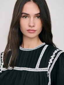 Nöista Black Blouse Features Intricate White Lace Detailing Along The Yoke, Long Sleeves, And Hem. Boho, Spring, Summer, Easter. - Black - View 5