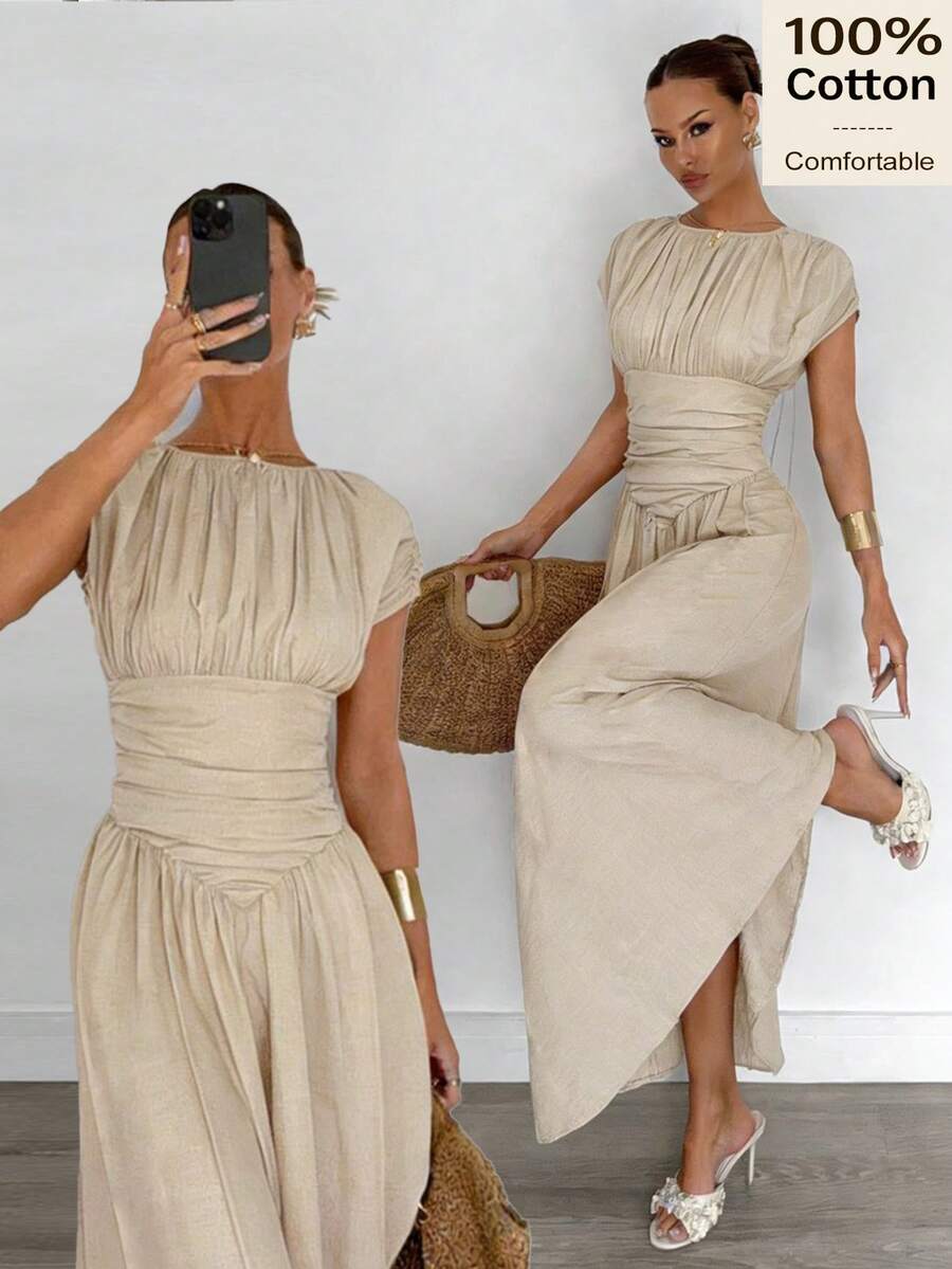 Siren Gaze 女士纯色圆领短袖褶皱腰连衣裙，夏季 - 杏色 - 查看 1