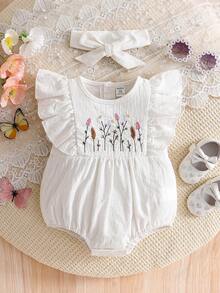 女婴短袖刺绣连体衣，带发带，女婴服装 - 白色 - 查看 3