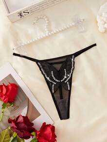 1pc Women's Sequin Mesh Butterfly Thong Panty - Black - View 5