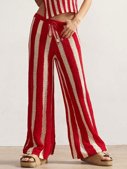 Bohemela Women's Belted Striped Casual Wide Leg Knit Pants