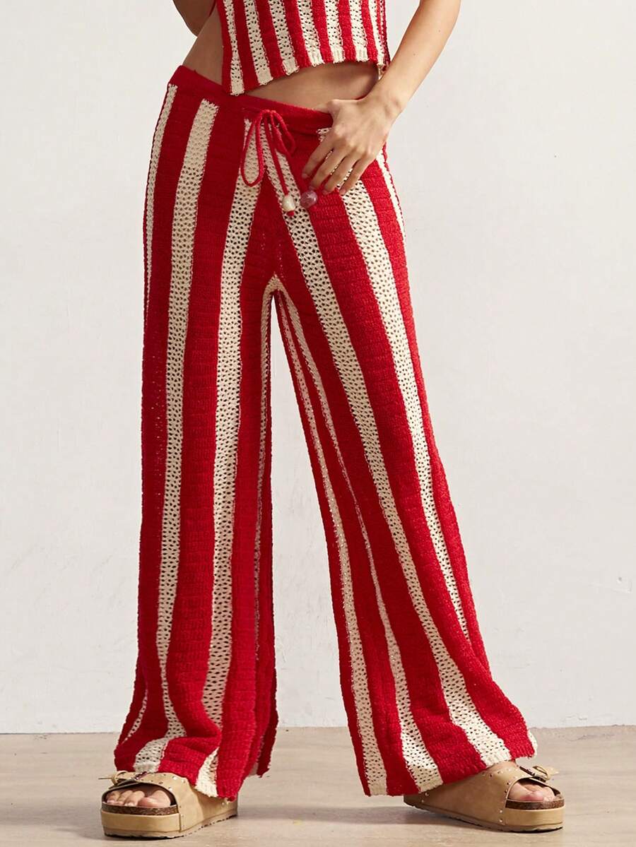 Bohemela Women's Belted Striped Casual Wide Leg Knit Pants - Red - View 1