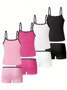 Sparklyn 4件套女童简约纯色无钢圈吊带背心和舒适平角内裤套装，蝴蝶弹力内裤 - 彩色 - 查看 2