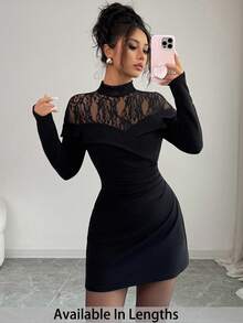 SHEIN Tall CURVE Plus Size Women Contrast Lace Long Sleeve Ruffle Elegant Dress Valentine's Day Outfit Black Sexy Dress Women Black See Through Dress Long Sleeve Black Dress Black Off Shoulder Dress Split Thigh Dress - Black - View 1