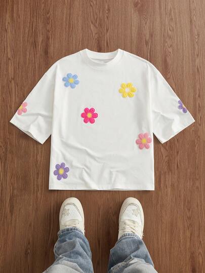 Manfinity Unisex Men's Casual Floral Embroidery Short Sleeve T-Shirt, Summer