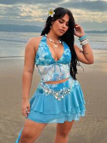 Rustia 女士吊带亮片领结无袖纯色蕾丝雪纺修身休闲夏季度假两件套，加大码 - 水鴨藍 - 查看 6