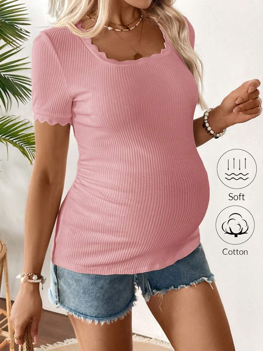 SHEIN Kaos Hamil Kasual Warna Polos Lengan Pendek Pas Badan, Musim Panas - Berwarna merah muda - View 1