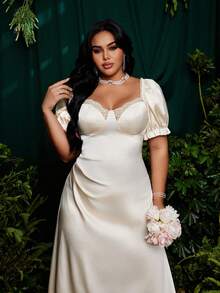 French Elegant Lace Trim Puff Sleeve Satin Midi Bodycon Dress - Apricot - View 4