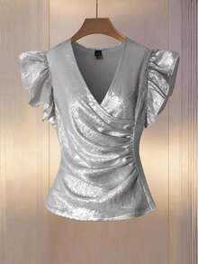 Modelyn Women's Metallic Overlap V-Neck Ruffle Sleeve Side Pleated Blouse - Apricot - View 1