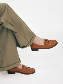 Mnmlis Women's Retro British Style Commuter Vintage Gold Buckle Brown Round Toe Flat Thick Heel Slip-On Loafers Casual Shoes Valentine's Day - Brown - View 8