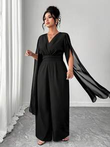 Elenzga بدلة كاجوال طويلة سوداء للسيدات البدينات، بتصميم أنيق بسيط بياقة على شكل حرف V من الشيفون، بأكمام خفافيش واسعة وخصر مربوط لإنحاف الخصر - الأسود - مشاهدة 7