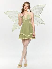 ROMWE Fairycore 仙女风蕾丝拼接系带露背迷你连衣裙 - 綠色 - 查看 6