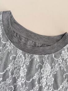 Nubod 春夏时尚休闲度假风百搭日常大码女式蕾丝边圆领落肩短袖T恤沙滩装 - 灰色 - 查看 3