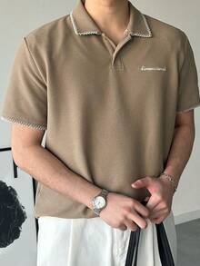 DAZY Men's Polo Shirt With Letter Embroidery And Contrast Collar Stitching Design, Summer - Khaki - View 7