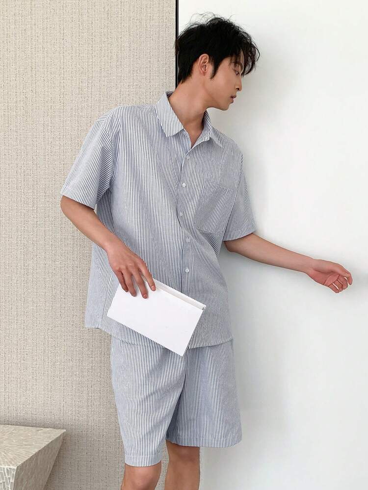 Men's Striped Short Sleeve Top And Shorts Pajama Set, Summer