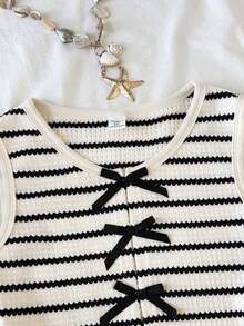 SHEIN Tween Girls' Brown & White Striped Knit Textured Sleeveless Crop Top And Loose Shorts 2-Piece Vacation Casual Outfit, Spring/Summer - Brown - View 3