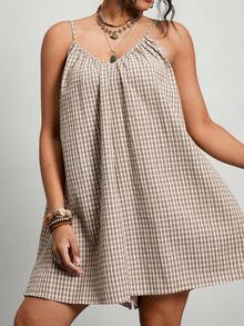 Freevana Cotton Jumpsuit Plus Size Print,Deep V-Neck Backless Tie Strap Retro Pattern Vacation Rompers For Women,Summer Boho Beach Holiday Casual Dress Romper - Khaki - View 4