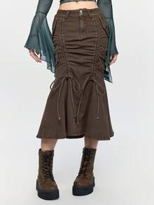 ROMWE Fairycore Chân váy denim màu nâu dáng đuôi cá, cạp siêu trễ, kiểu nàng tiên Mori cổ điển dành cho nữ, có túi hộp. - màu nâu - Xem 8