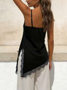 Pariaura Petite Camiseta sin mangas de mujer casual urbana con cuello en V, bajo asimétrico de encaje y parches de unicolor - Negro - Ver 2