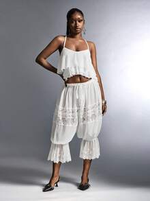 Amplova Y2K Women's Sexy Backless Tie Strap Asymmetrical Hem Camisole Tank Top, Suitable For Beach Vacation, Summer Summer Casual Women Outfits Summer Vacation Outfits  Spring Outfit Women Beach Outfit Mesh Bodycon Camisole With Sweetheart Neckline, Multi-Layered Ruffles, Irregular Hem, Sexy And Elegant Semi-Sheer Top Ruffle Top - White - View 2