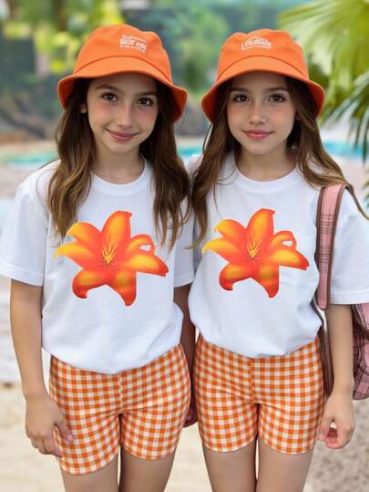 Spring & Summer Tween Girls' Casual Fashion Creative Personalized Fresh Elegant Minimalist Floral, Orange & White Plaid Pattern Print Relaxed T-Shirt & Bike Shorts Set, Comfortable Cozy Summer & Fall Styles Suitable For Daily Wear & Workout
