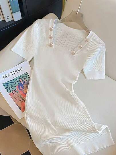 GlowEve Women's Solid Color Button Decor Square Neck Short Sleeve Knit Dress