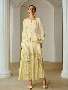 ZEYLAH Elegant Lace Patchwork Long Dress For Women - Yellow - View 4