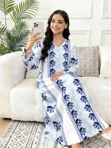 Tween Girls' V-Neck Floral Print Casual Loose Party & Outing Dress - Multicolor - View 2