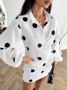 White Polka Dot Printed Two Pieces Set – Button-Up Shirt And Mini Skirt - Black and White - View 7
