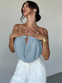 Aloruh 新款性感褶皱领口弹力收拢金属扣装饰修身露脐上衣 - 淺藍色 - 查看 7